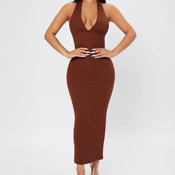 Ribbed knit tie backless halter bodycon dress - Picture 2 of 2